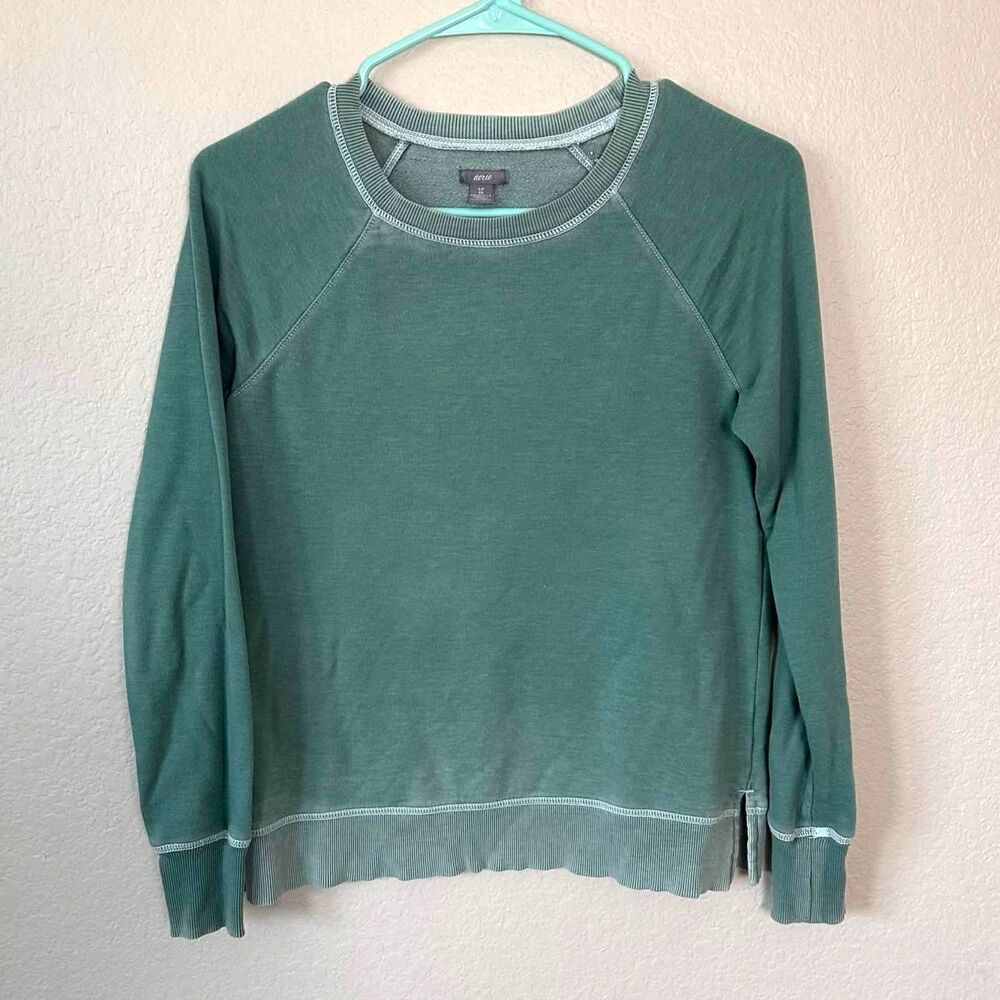 Aerie Distressed Crewneck Sweatshirt Small Green Raglan Fleece Pullover Lounge - Picture 1 of 6